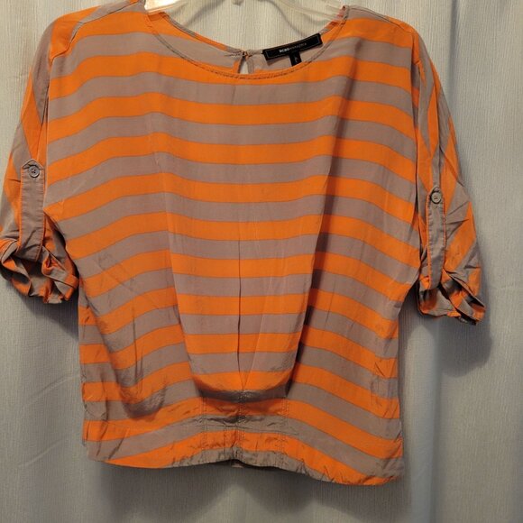 BCBG Max Azria Womens Striped Orange & Beige 3/4 Sleeve Button Detail Blouse Top - Picture 1 of 7
